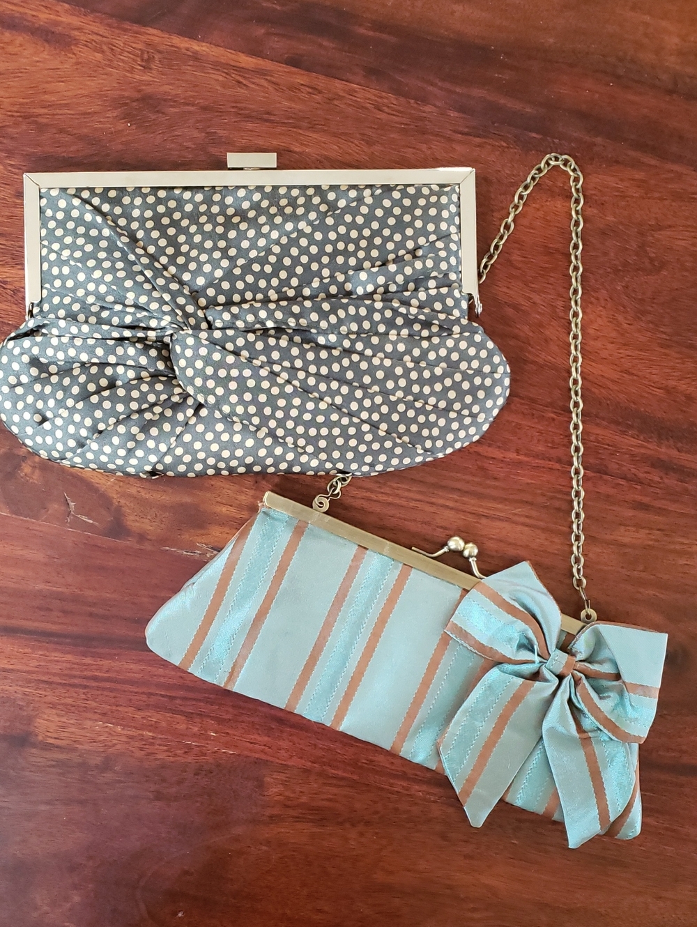 Vintage 90s Satin Polka Dot & Striped Clutch Set Blue Teal Copper Evening Bags - Picture 4 of 15